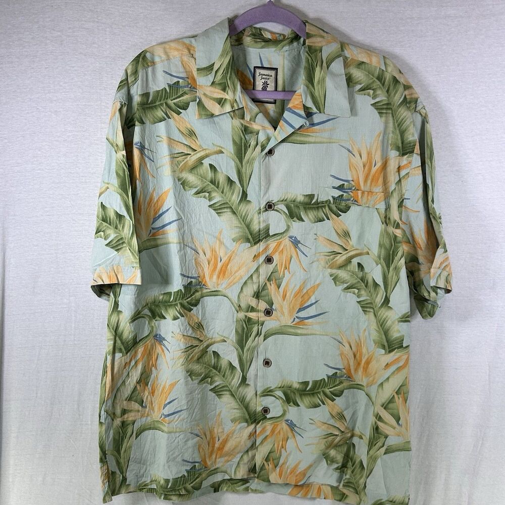 Jamaica Jaxx Mens XL Birds Of Paradise Floral Hawaiian Button Up‎ 100% Silk